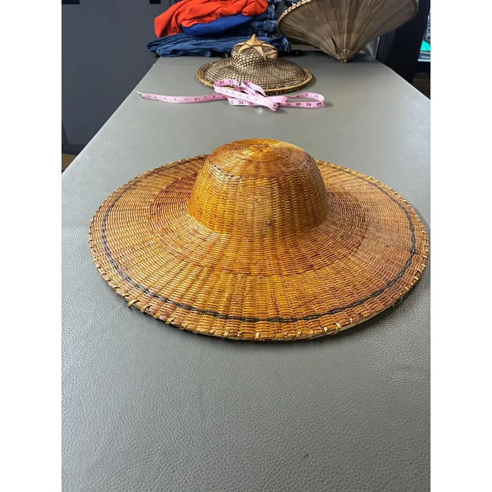 Vintage Handwoven Asian Rattan Sun Hat Large Woven Rice Hat Decorative Wall Art